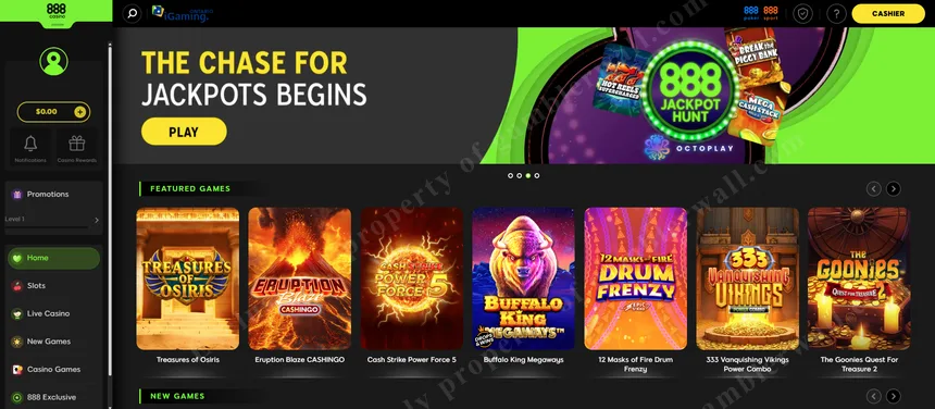 888casino homepage with featured games and welcome banner