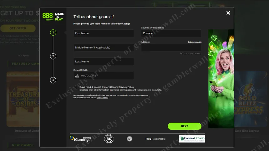 Step-by-step registration process at 888casino