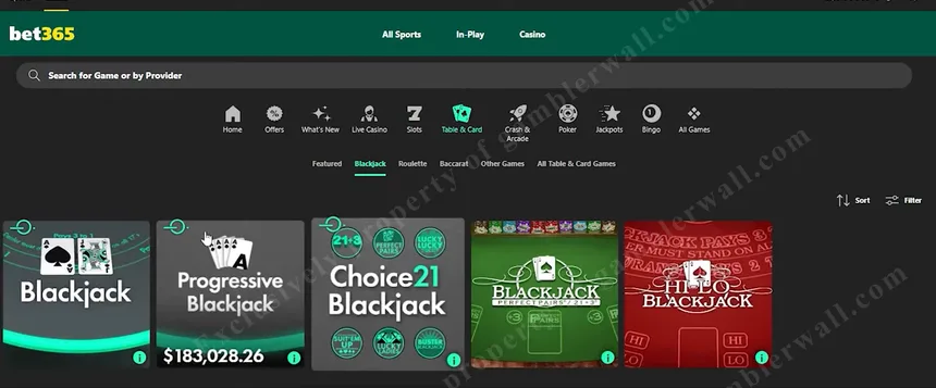 Card games section including exclusive All Bets Blackjack