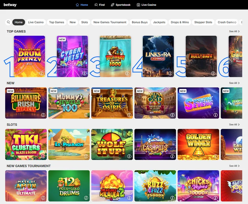 Casino game library — 1,250+ slots, live dealer, and table games
