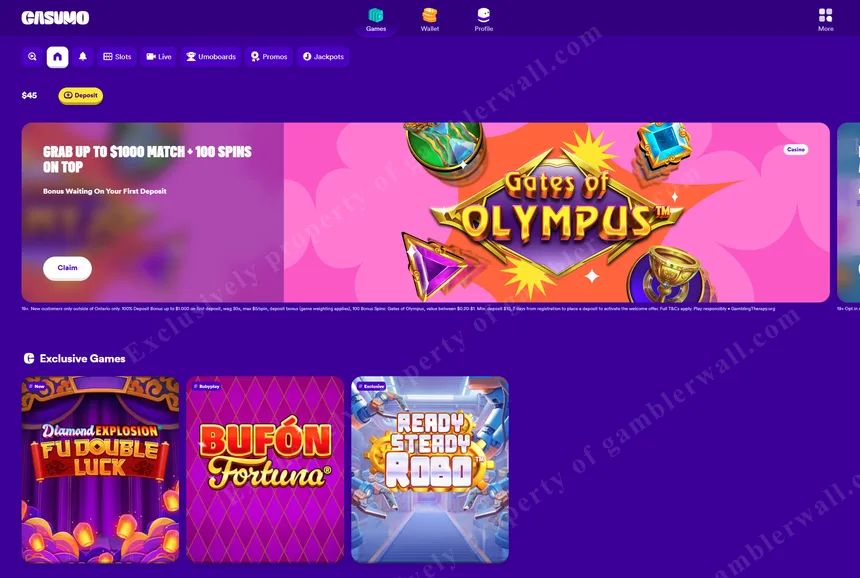 Casumo homepage — clean design with featured games and promotions