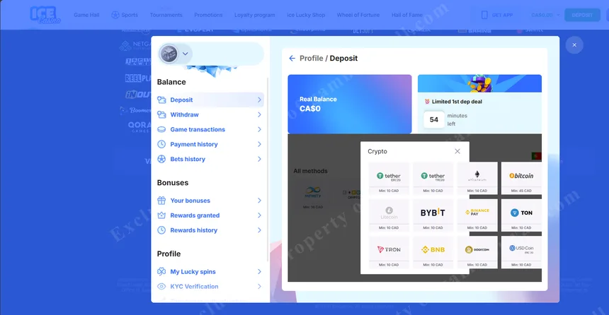 Deposit page showing Interac and crypto payment options
