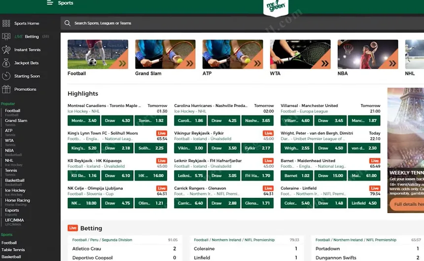 Live events section — live casino and in-play sportsbook
