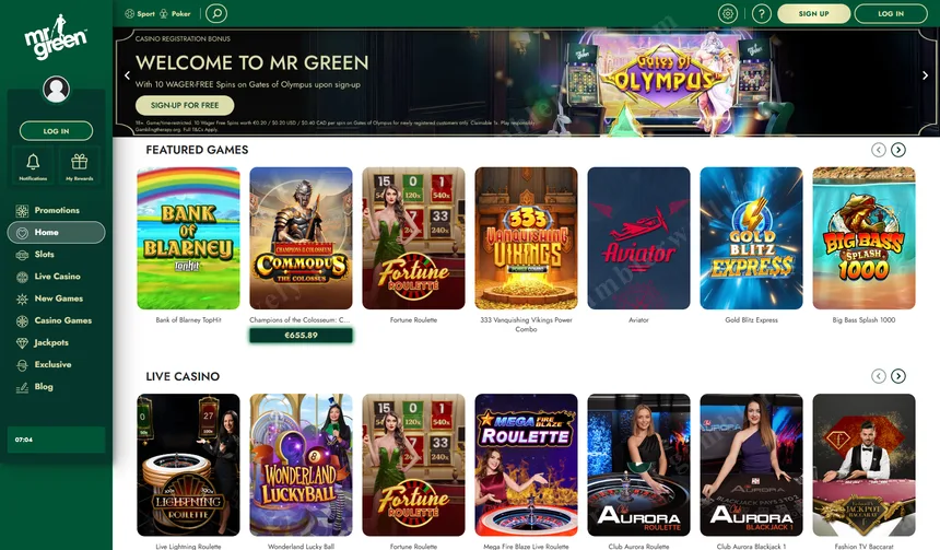 Mr Green homepage — curated casino with a premium feel