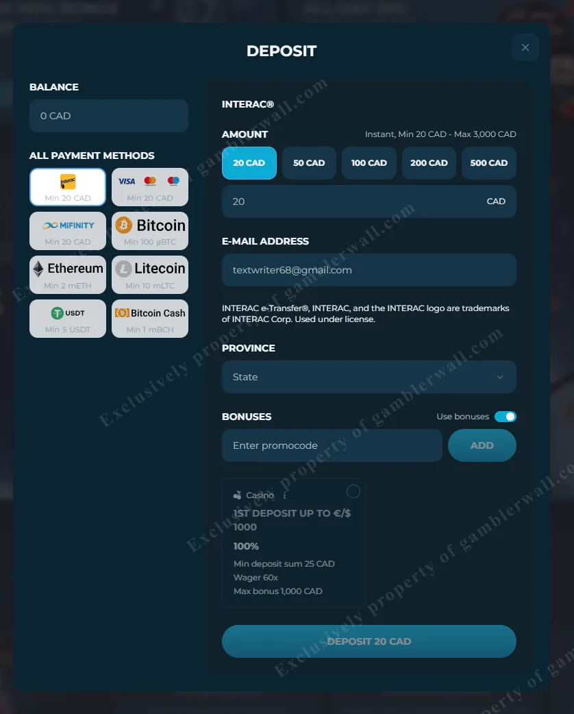 Deposit page with Interac, crypto, and card options