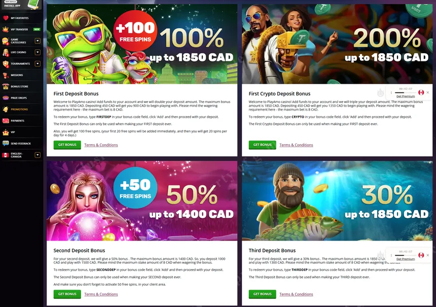 Active promotions including High Roller and Thursday Wheel of Fortune