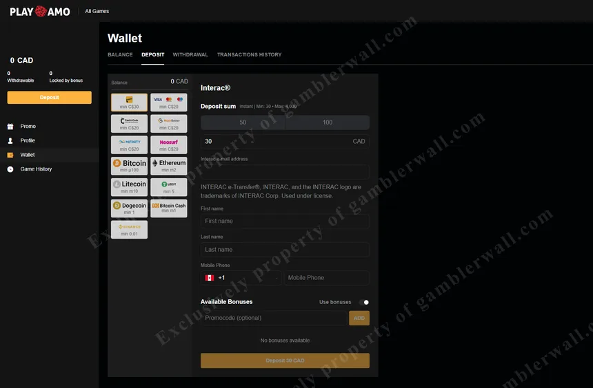 Wallet deposit interface with quick top-up