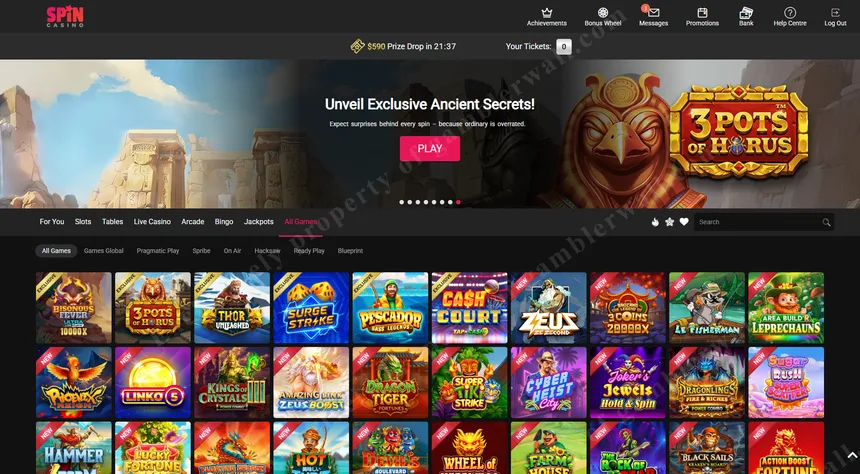 Full game library at Spin Casino — slots, table games, and more