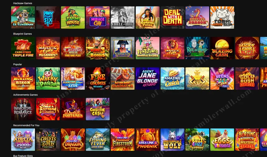 Various game categories including slots and table games
