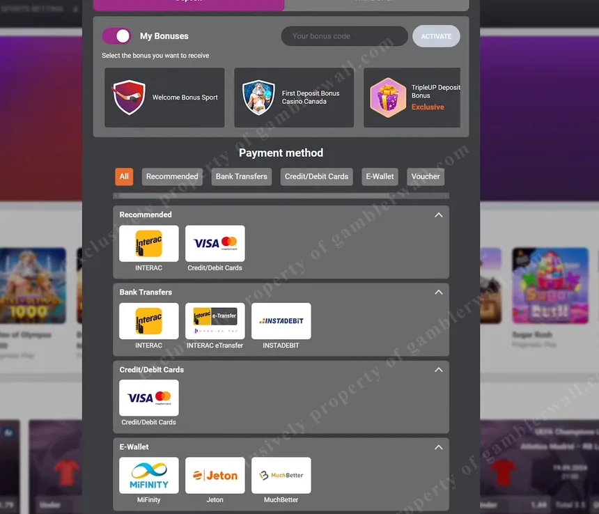 Deposit page showing Interac, crypto, and card options